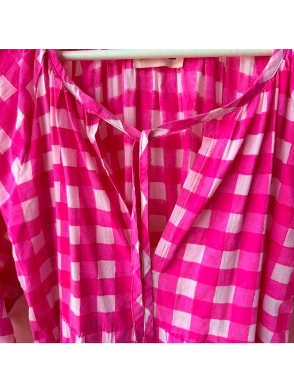 SZ Blockprints Priya Hot Pink Gingham Cotton Tiered Dress Women's Size M - Picture 4 of 12